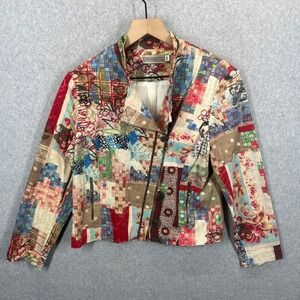 Canvasbacks Moto Jacket Women‎ P/M Multicolor Patchwork Tapestry Beaded EUC